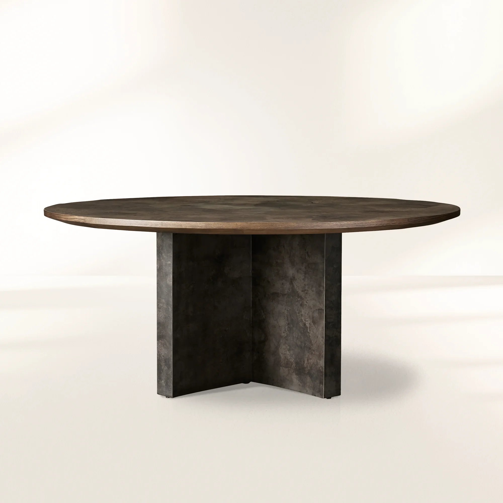 Polanco Round Dining Table with Oyster-Cut Wood Oxidized Steel Base