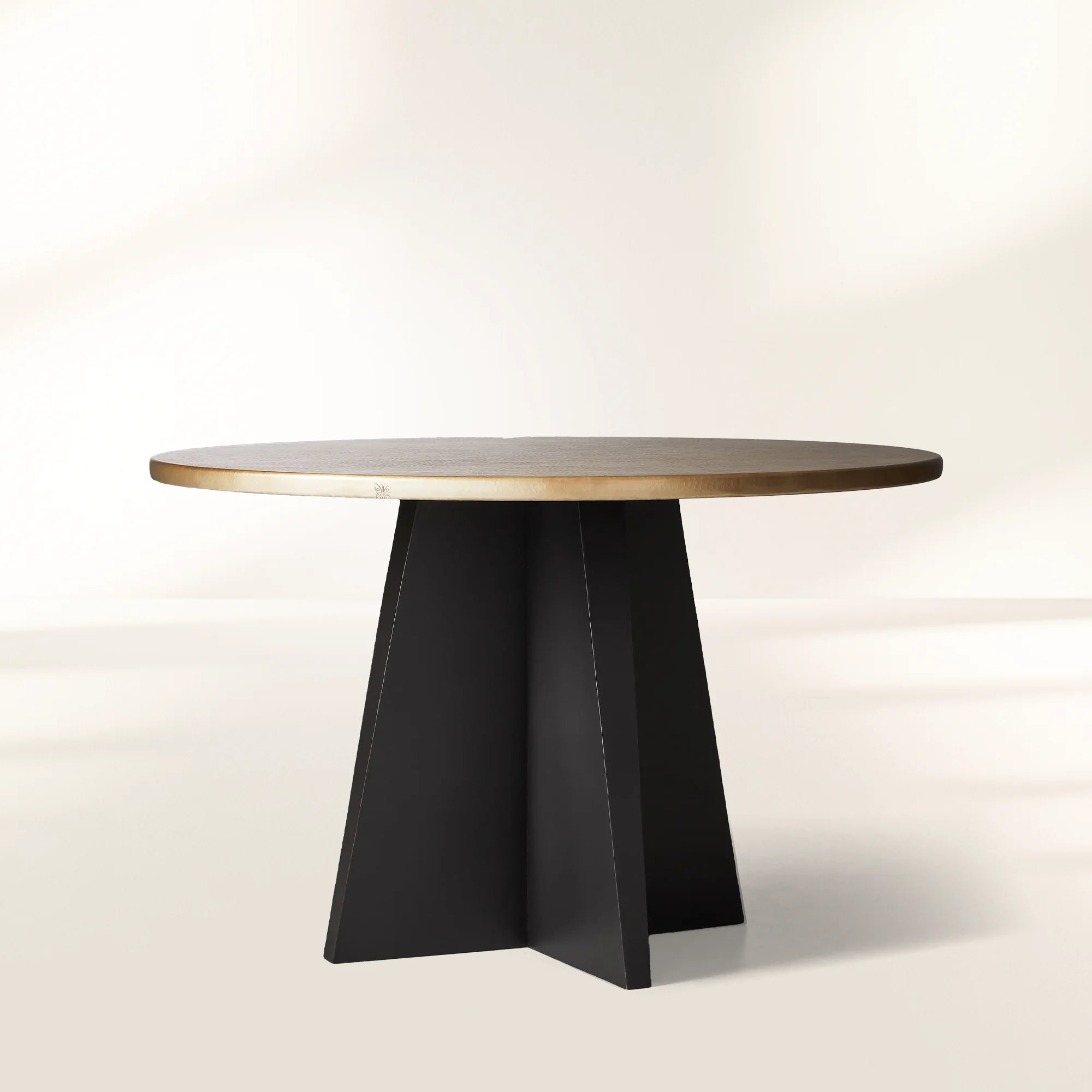 Recycled Metal Round Dining Table Metal Hand-Hammered Top & Black Vertex Iron Base