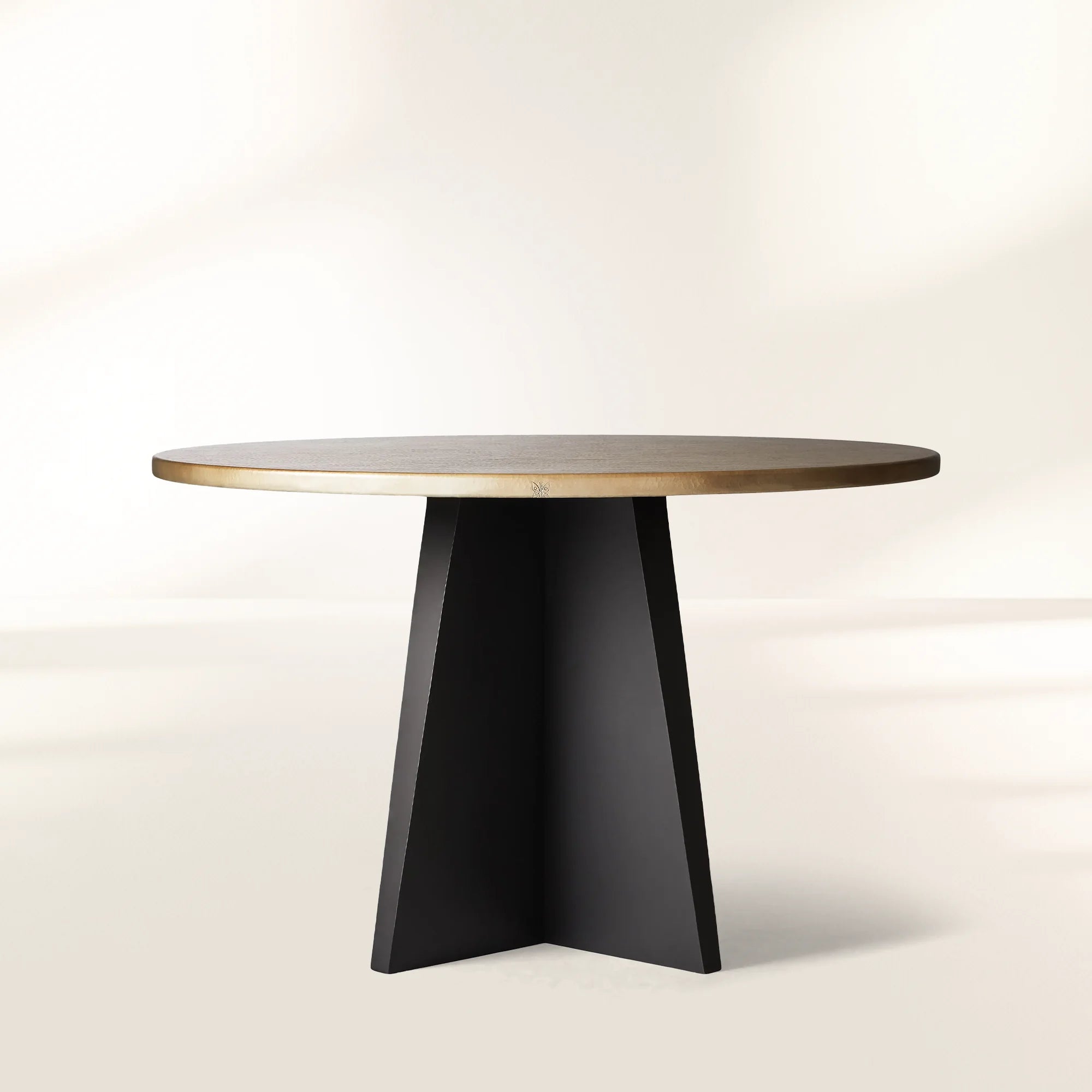 Recycled Metal Round Dining Table Metal Hand-Hammered Top & Black Vertex Iron Base