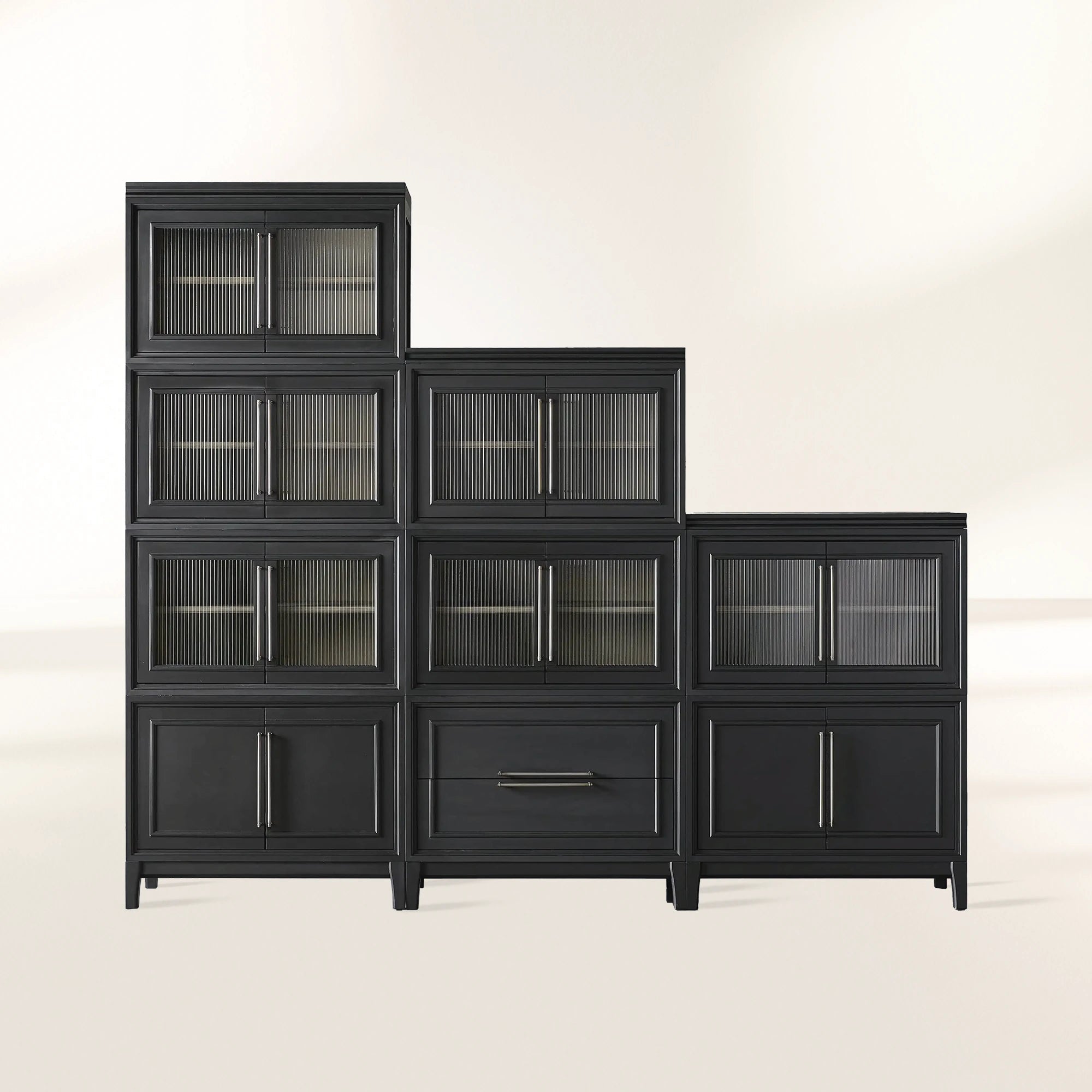 Rowan Modular Wall Unit Storage System Wood Tall Display Cabinet with Reeded Glass Doors