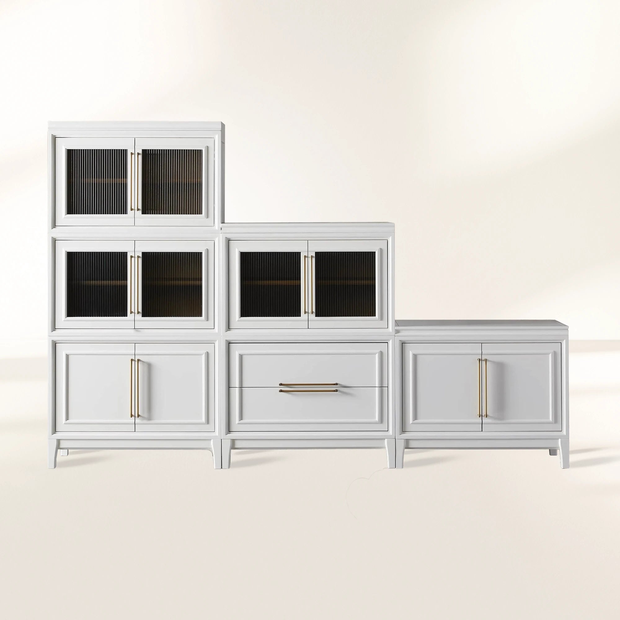 Rowan Modular Wall Unit Storage System Wood Tall Display Cabinet with Reeded Glass Doors