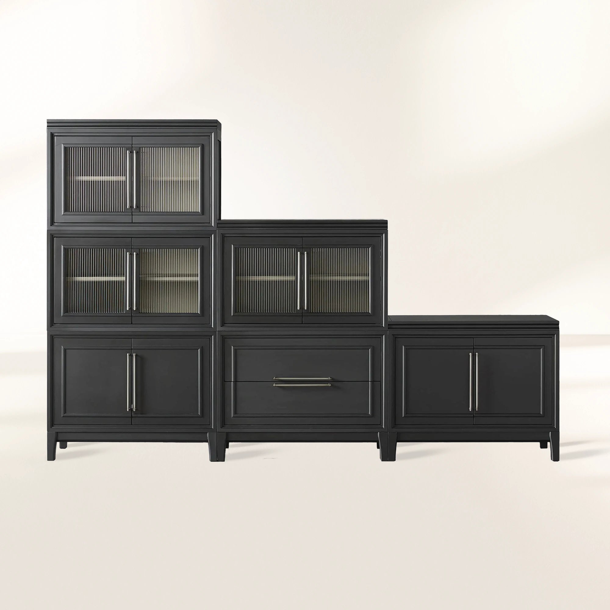 Rowan Modular Wall Unit Storage System Wood Tall Display Cabinet with Reeded Glass Doors
