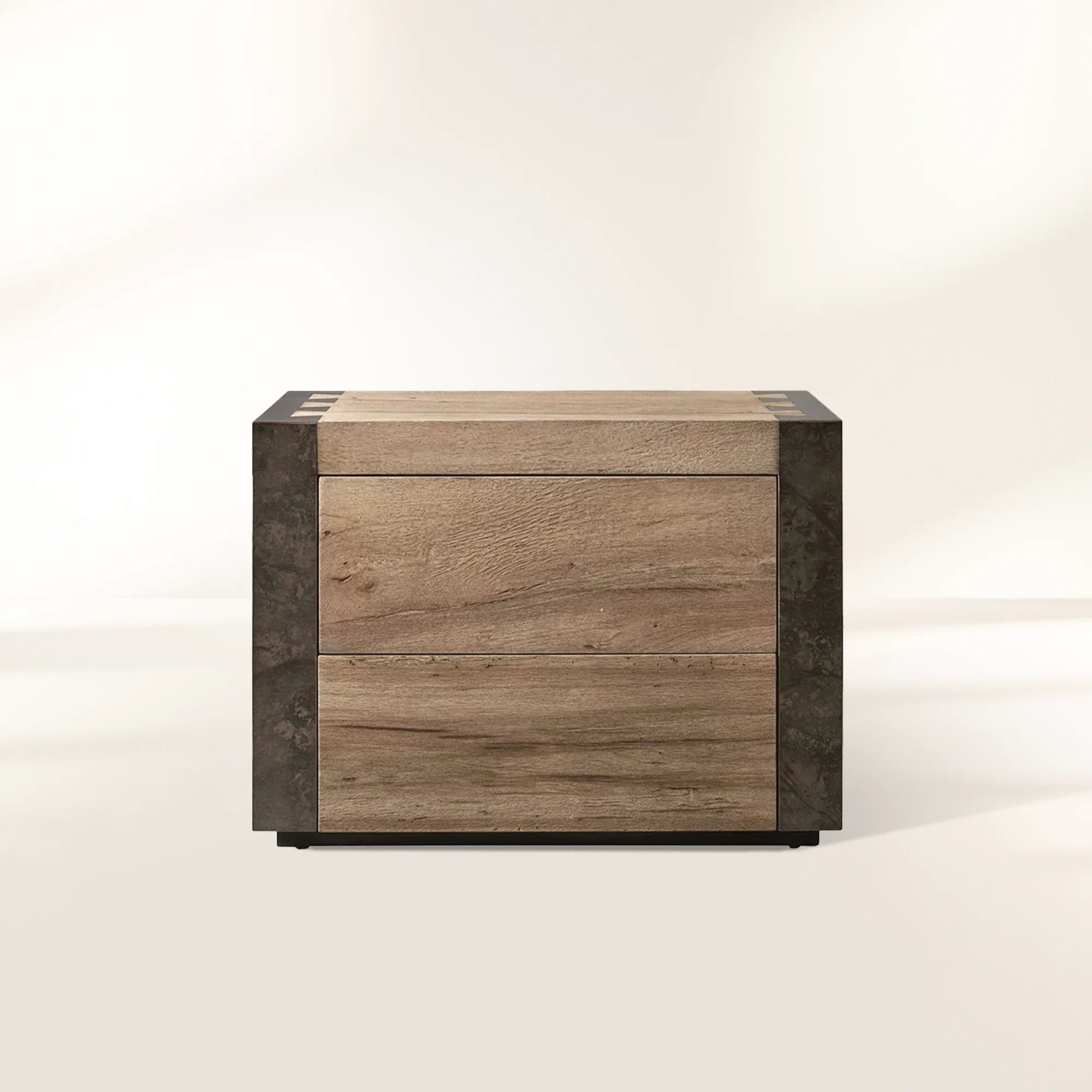 Telluride Closed Mexican Oak Nightstand Wood & Steel Nightside Table with TWO-Drawer Cabinet