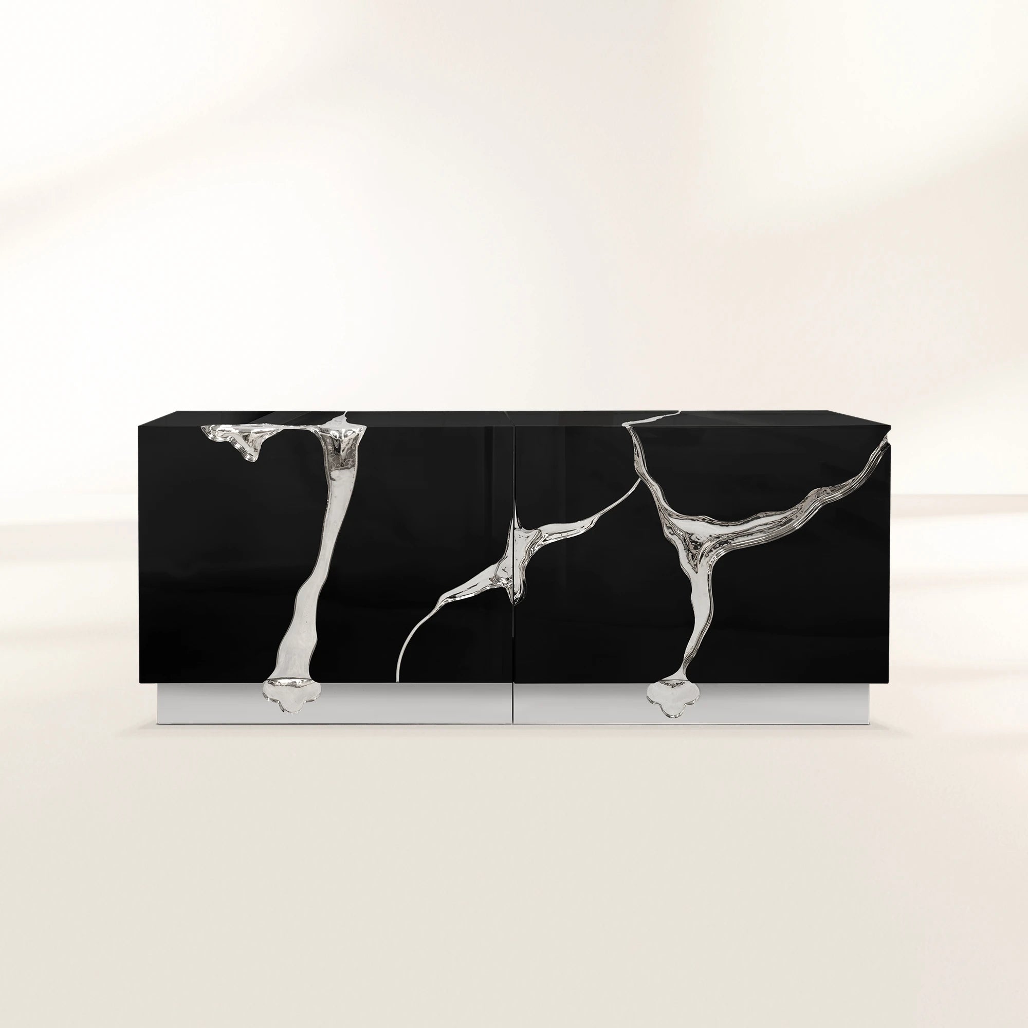 Luxury Black Gold Sideboard Cabinet with Sculptural Cracked Design