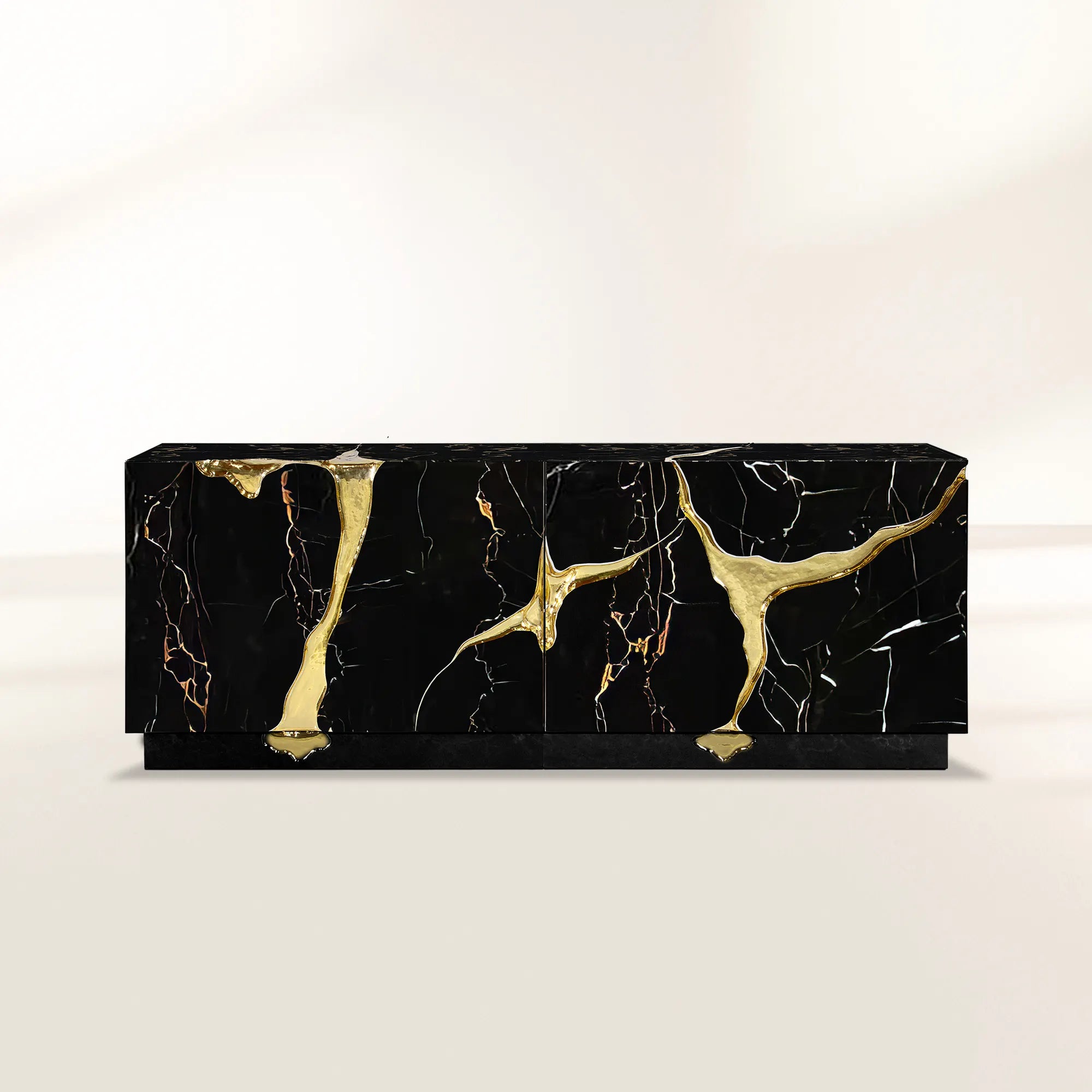 Luxury Black Gold Sideboard Cabinet with Sculptural Cracked Design