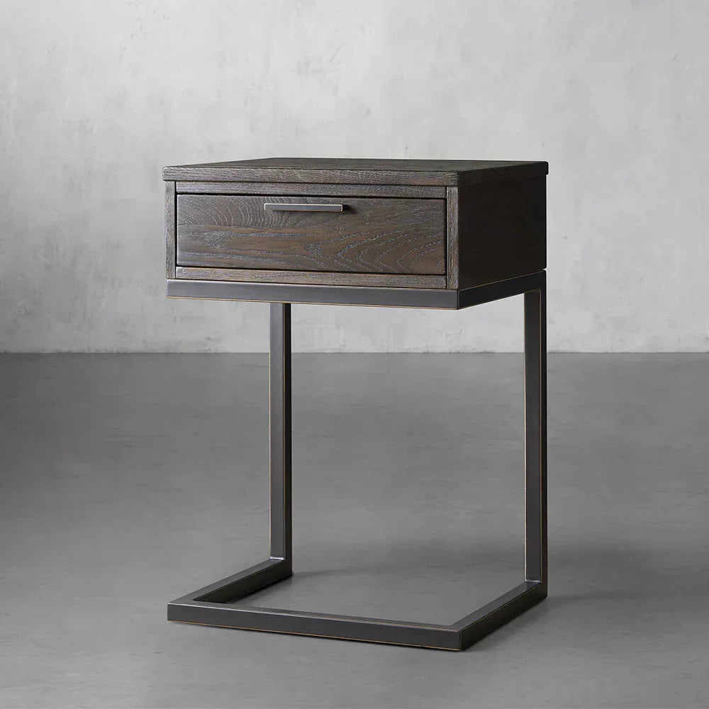 Palmer Wood Storage Nightstand Sleek Iron Frame One-Drawer Cabinet Nightside Table