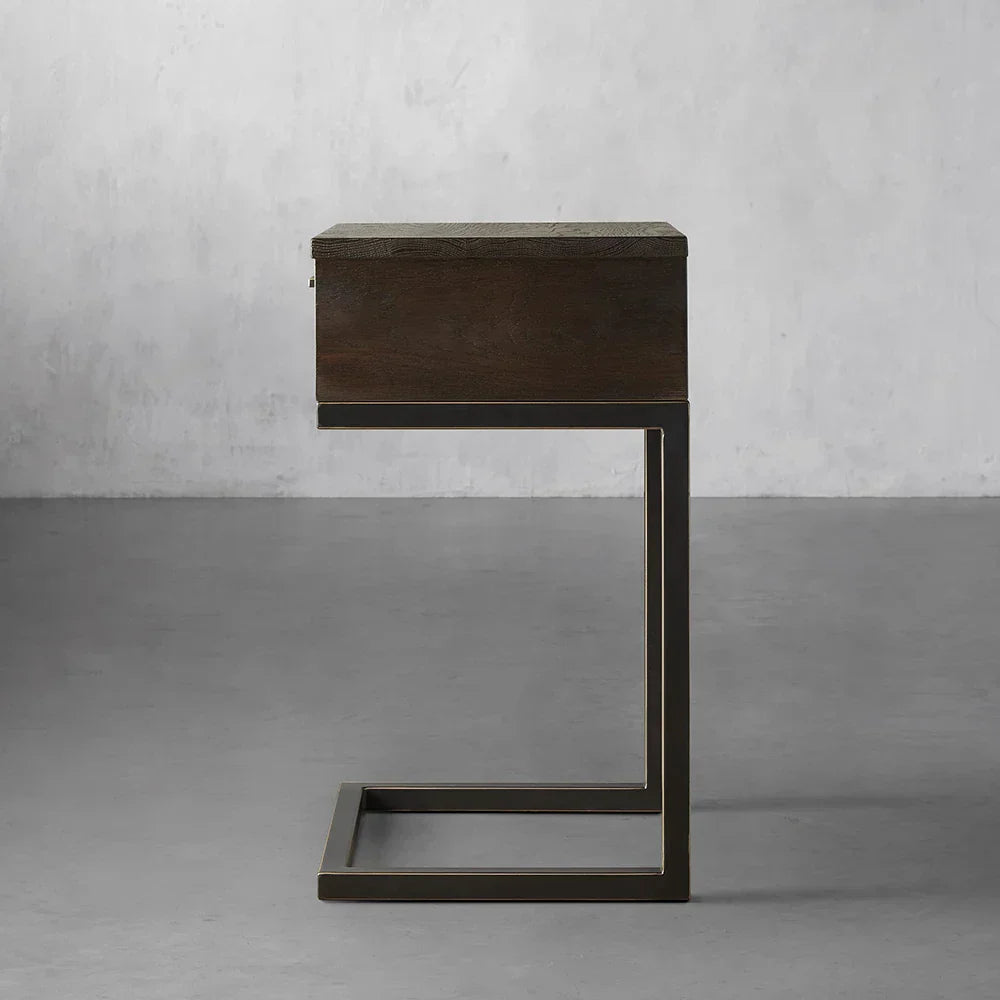 Palmer Wood Storage Nightstand Sleek Iron Frame One-Drawer Cabinet Nightside Table
