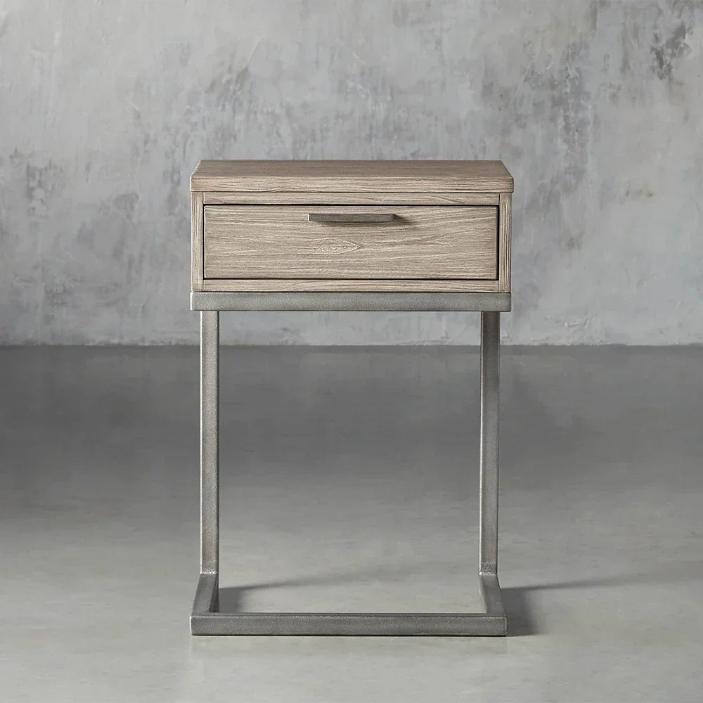 Palmer Wood Storage Nightstand Sleek Iron Frame One-Drawer Cabinet Nightside Table