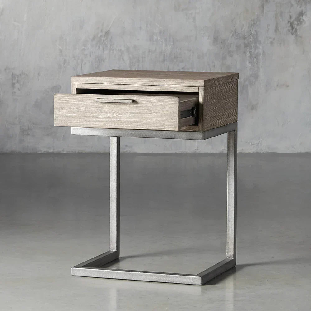 Palmer Wood Storage Nightstand Sleek Iron Frame One-Drawer Cabinet Nightside Table