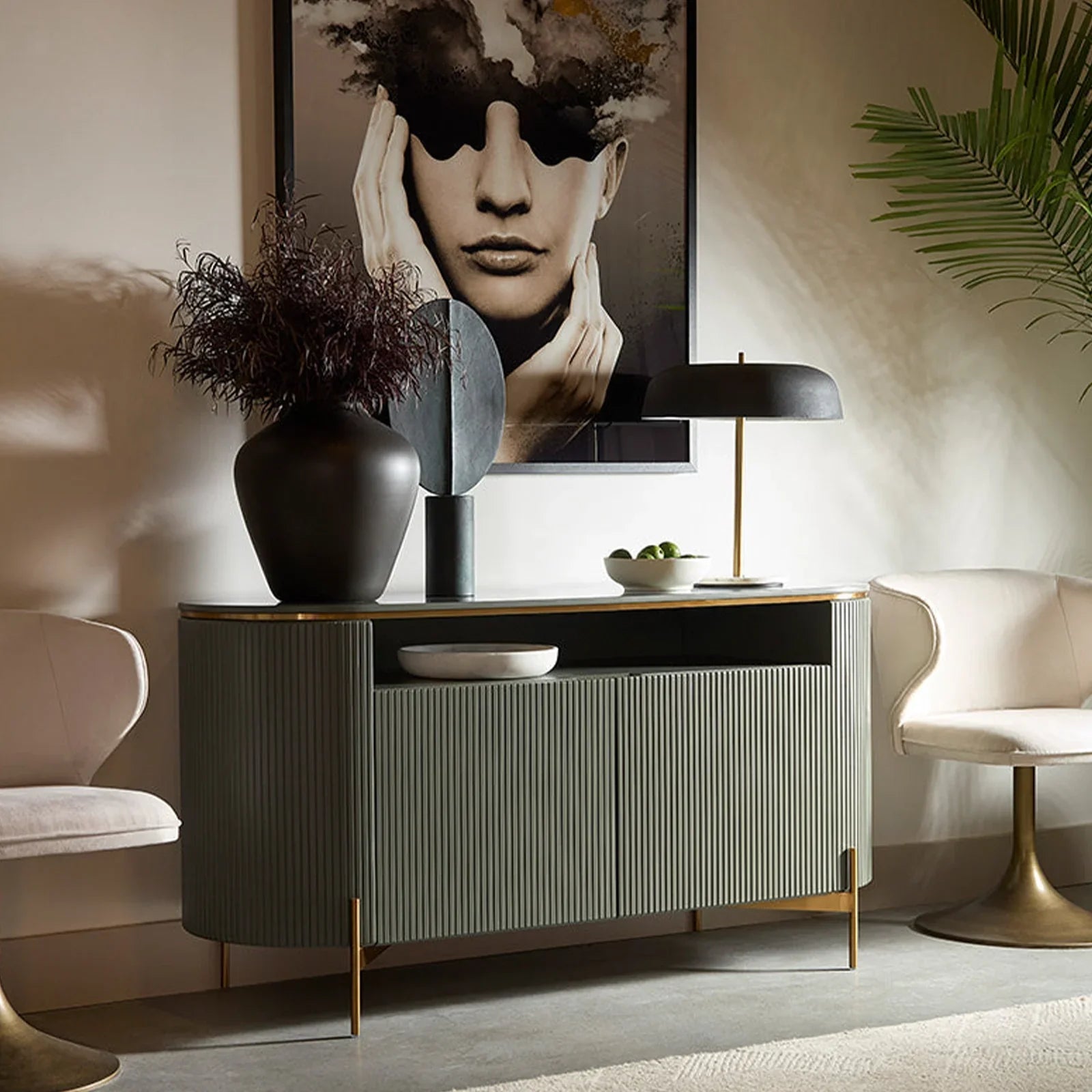 Panoso Luxury Buffet Sideboard Curved Entryway Cabinet With Gold Stainless Steel Legs