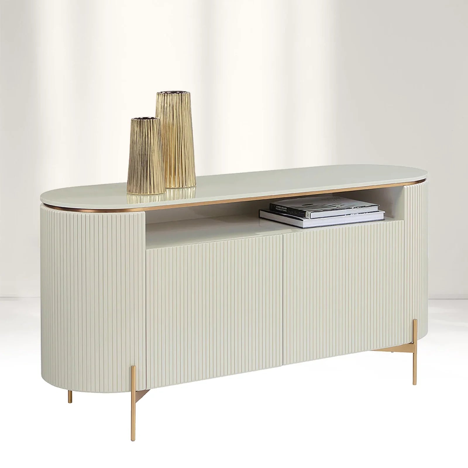 Panoso Luxury Buffet Sideboard Curved Entryway Cabinet With Gold Stainless Steel Legs