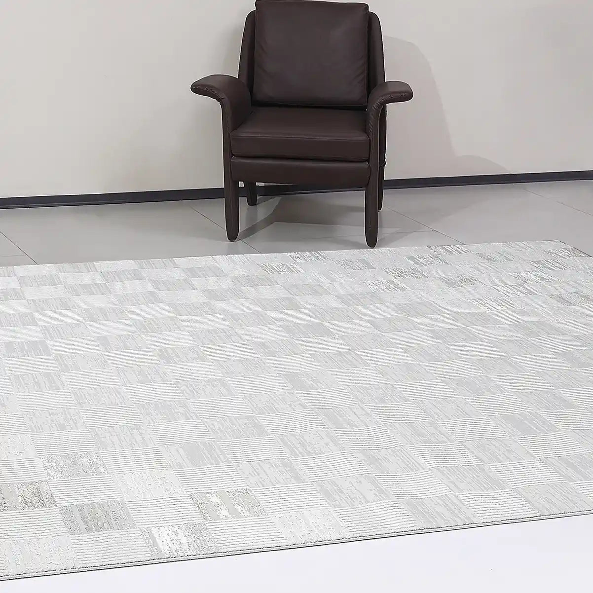 Safei Textured Grid Calm Interior Area Rug with Light Grey Checkerboard Texture Style Carpet