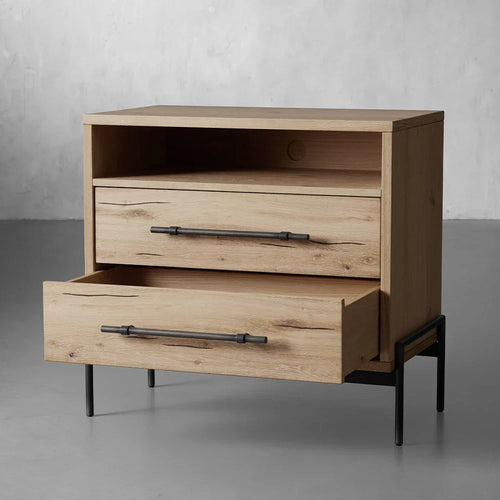 Table de chevet Sullivan en bois de chêne massif avec deux tiroirs, style rustique