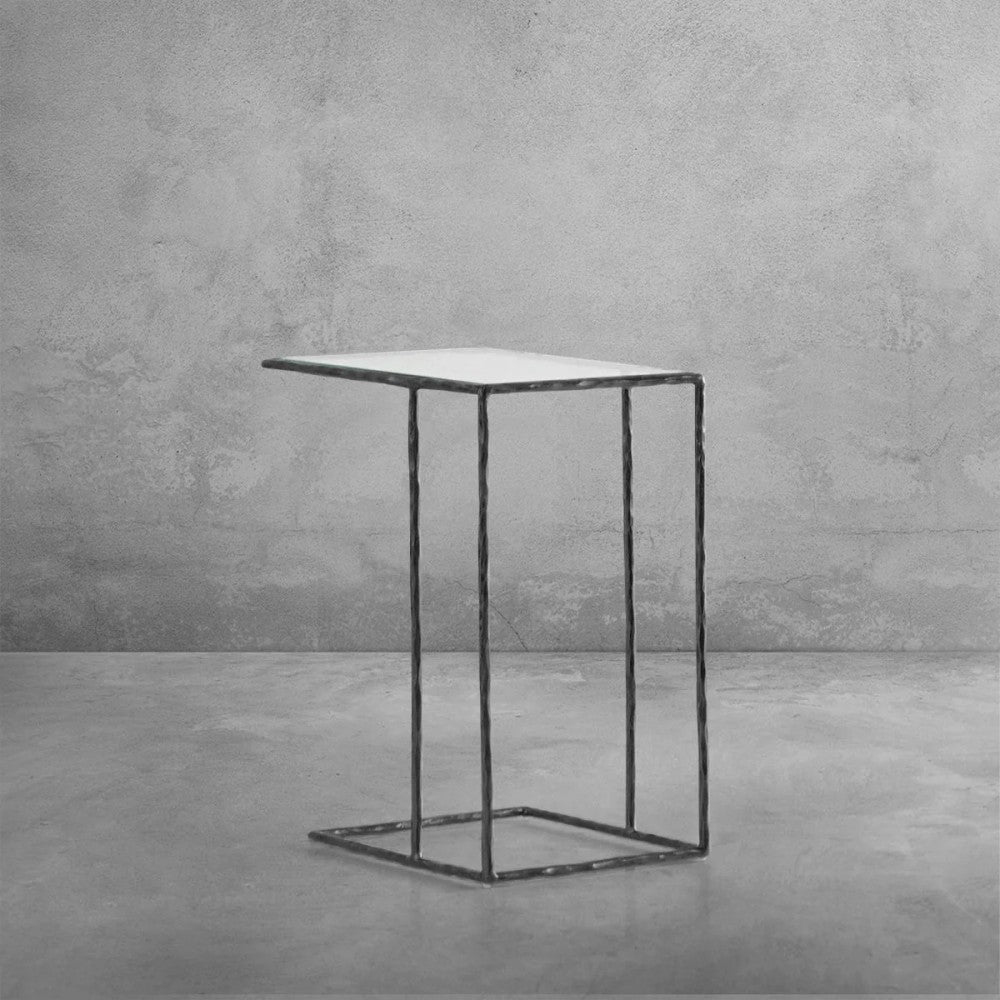 Thaddeus Tempered Glass Side Table Hand-Forged C-Shaped End Table