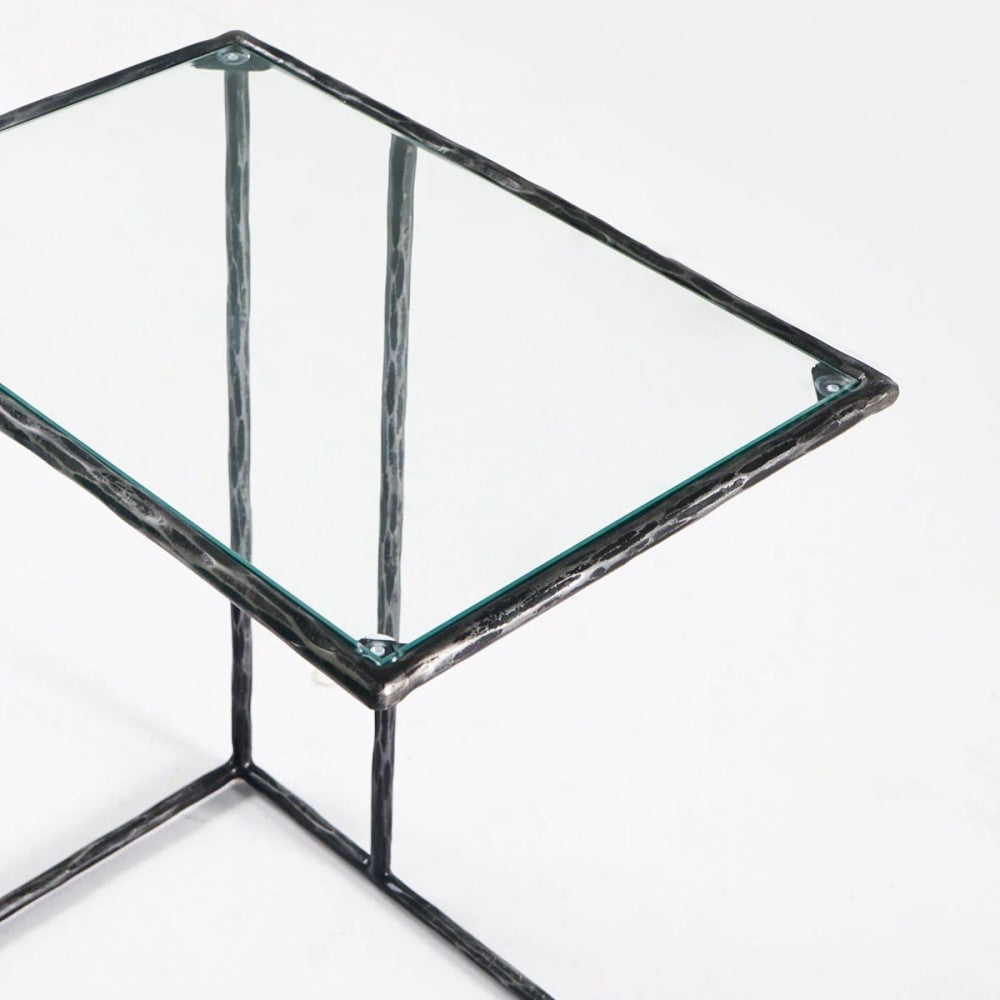 Thaddeus Tempered Glass Side Table Hand-Forged C-Shaped End Table