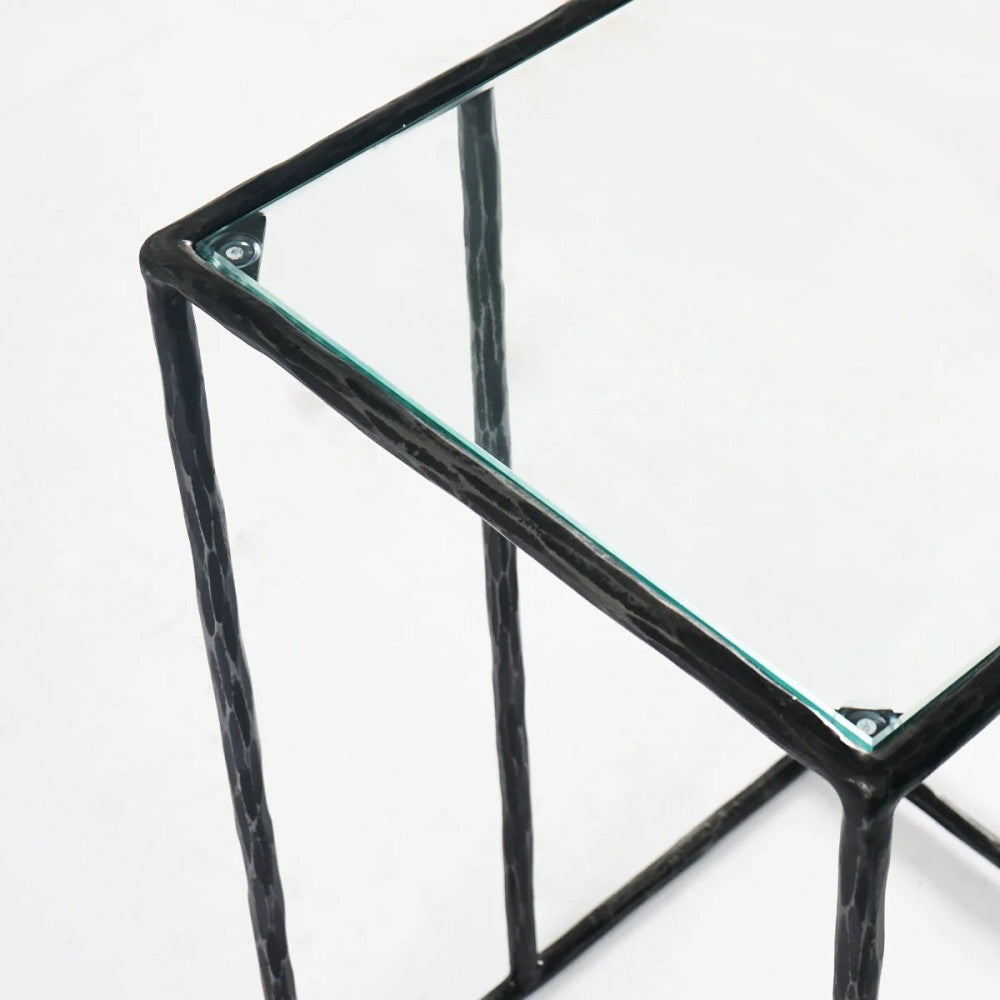 Thaddeus Tempered Glass Side Table Hand-Forged C-Shaped End Table