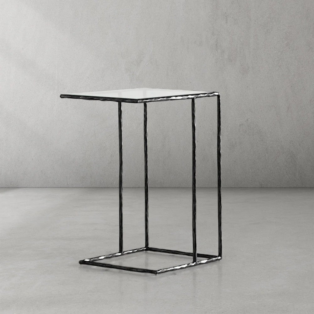 Thaddeus Tempered Glass Side Table Hand-Forged C-Shaped End Table