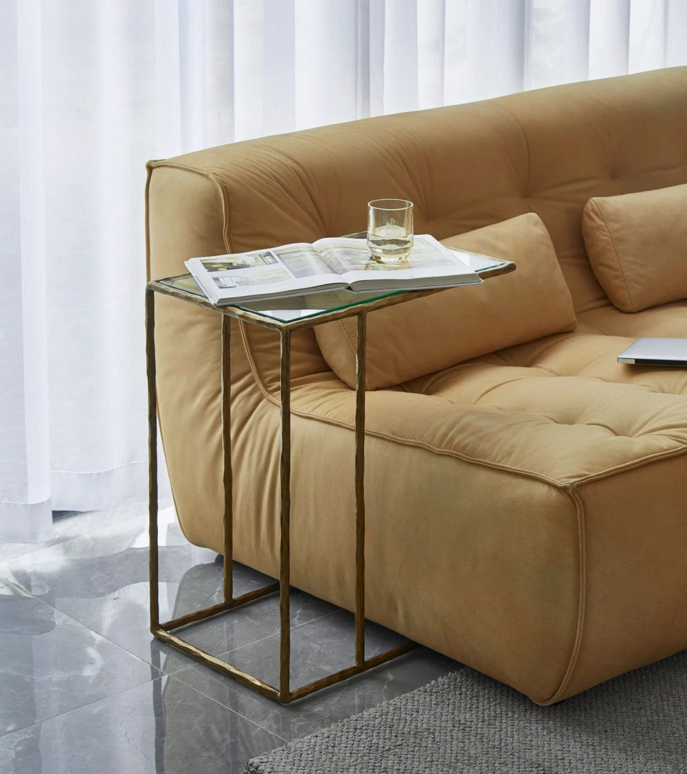 Thaddeus Tempered Glass Side Table Hand-Forged C-Shaped End Table