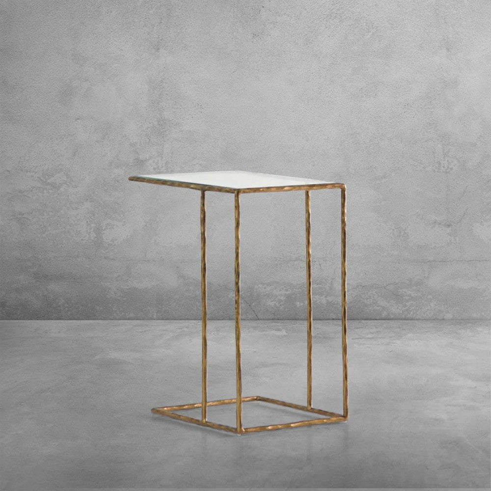Thaddeus Tempered Glass Side Table Hand-Forged C-Shaped End Table