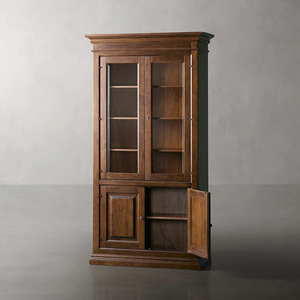 Tuscany Wood Tall Display Storage Cabinet Glass Door Bookcases File Cabinets Vintage Dining Sideboards