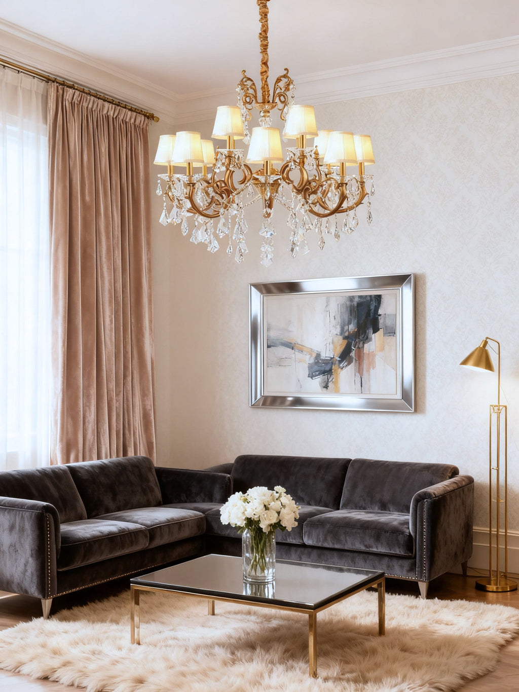 37X31 Inch 12 Lights Candle Style Antique Brass and Crystal Chandelier