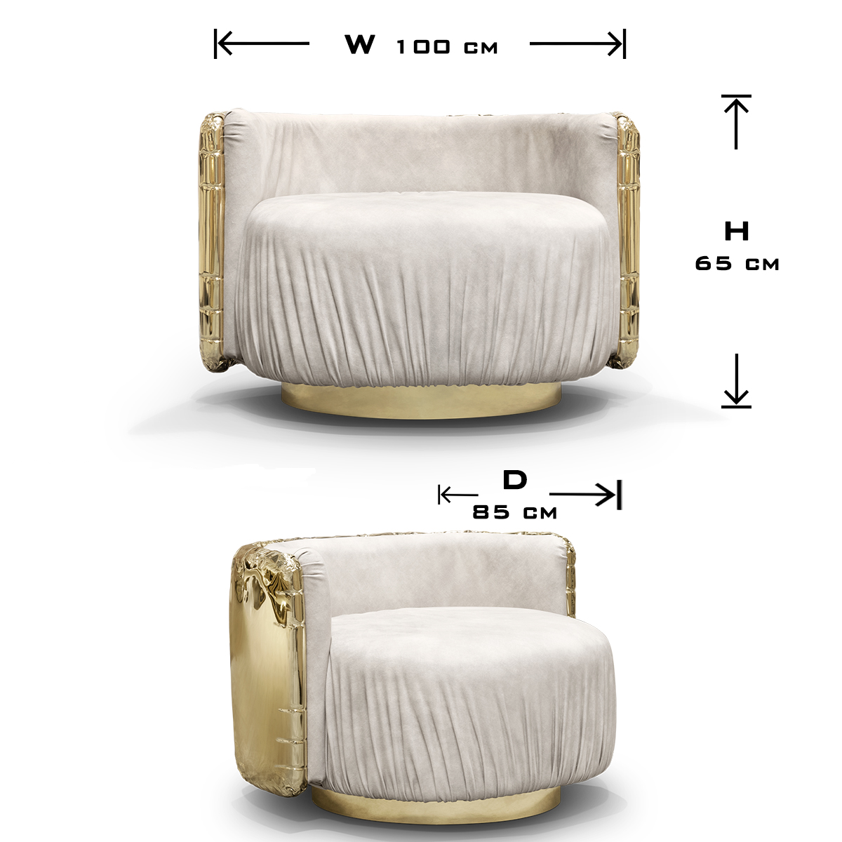 Luxury Imperfect Sculptural Armchair with Swivel Base & Hammered Brass Round Design