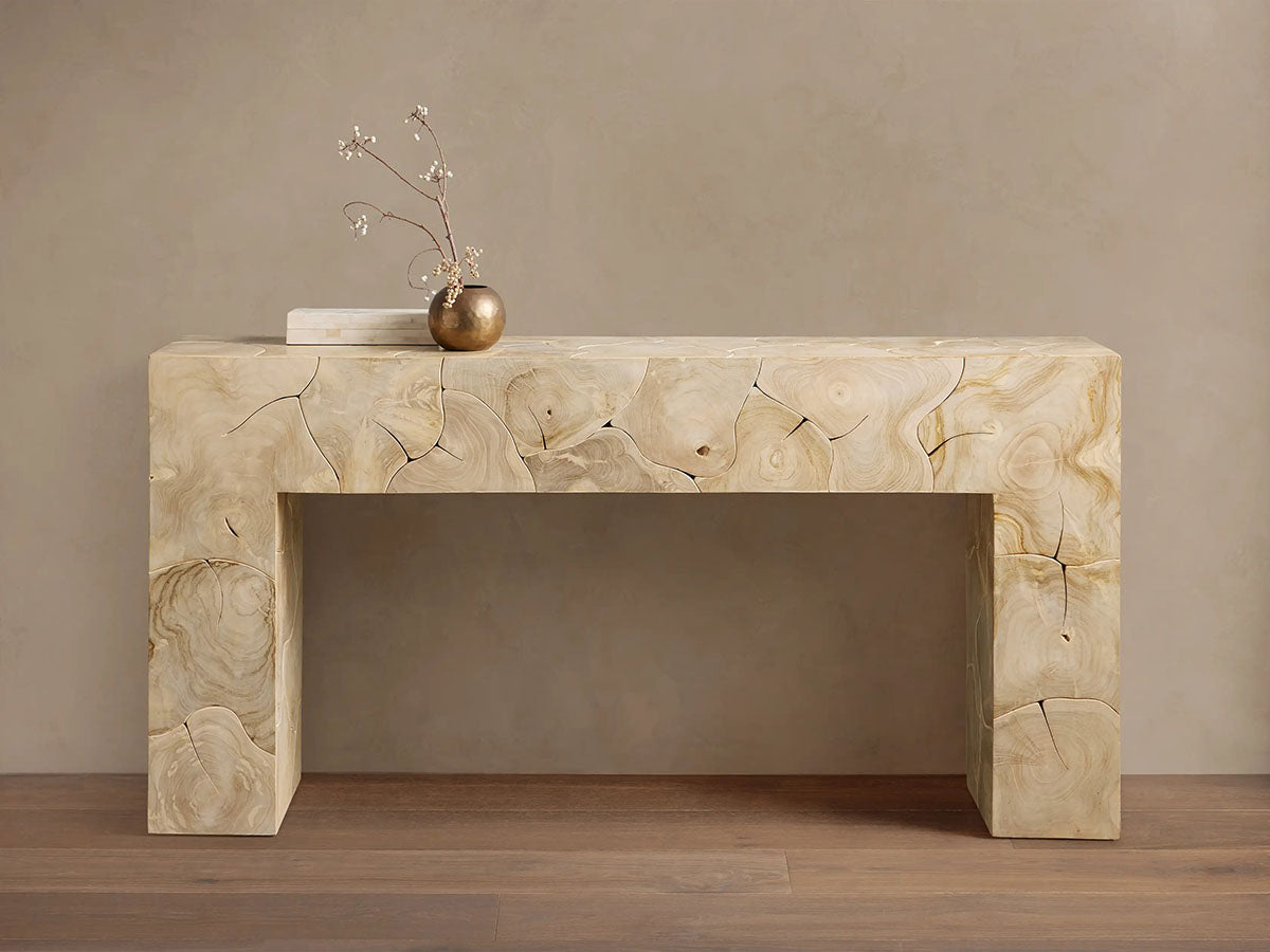 Kalmar Teak Heartwood Entrance Console Table Natural Style Hand-pieced Wood Hallway Entryway Table