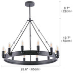 Lustre rustique à huit lumières en fer forgé noir (65 x 65 x 50 cm) avec chaîne de suspension de 100 cm – Luminaire de style ferme vintage