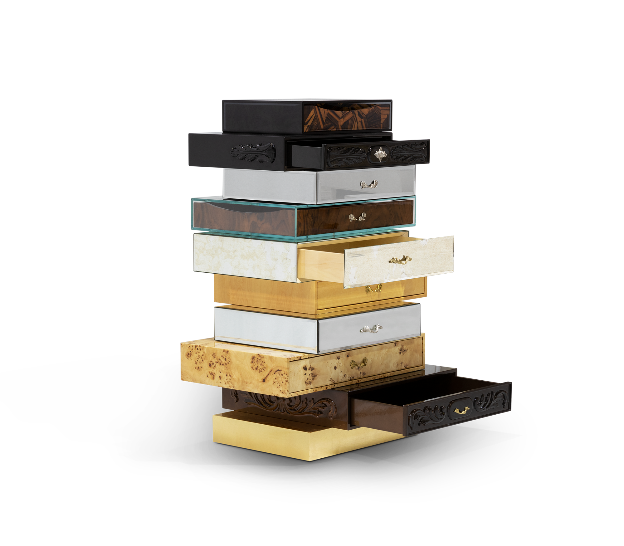 Luxury Chest of Drawers with Mixed Wood Finishes, Brass Details & Designer Storage