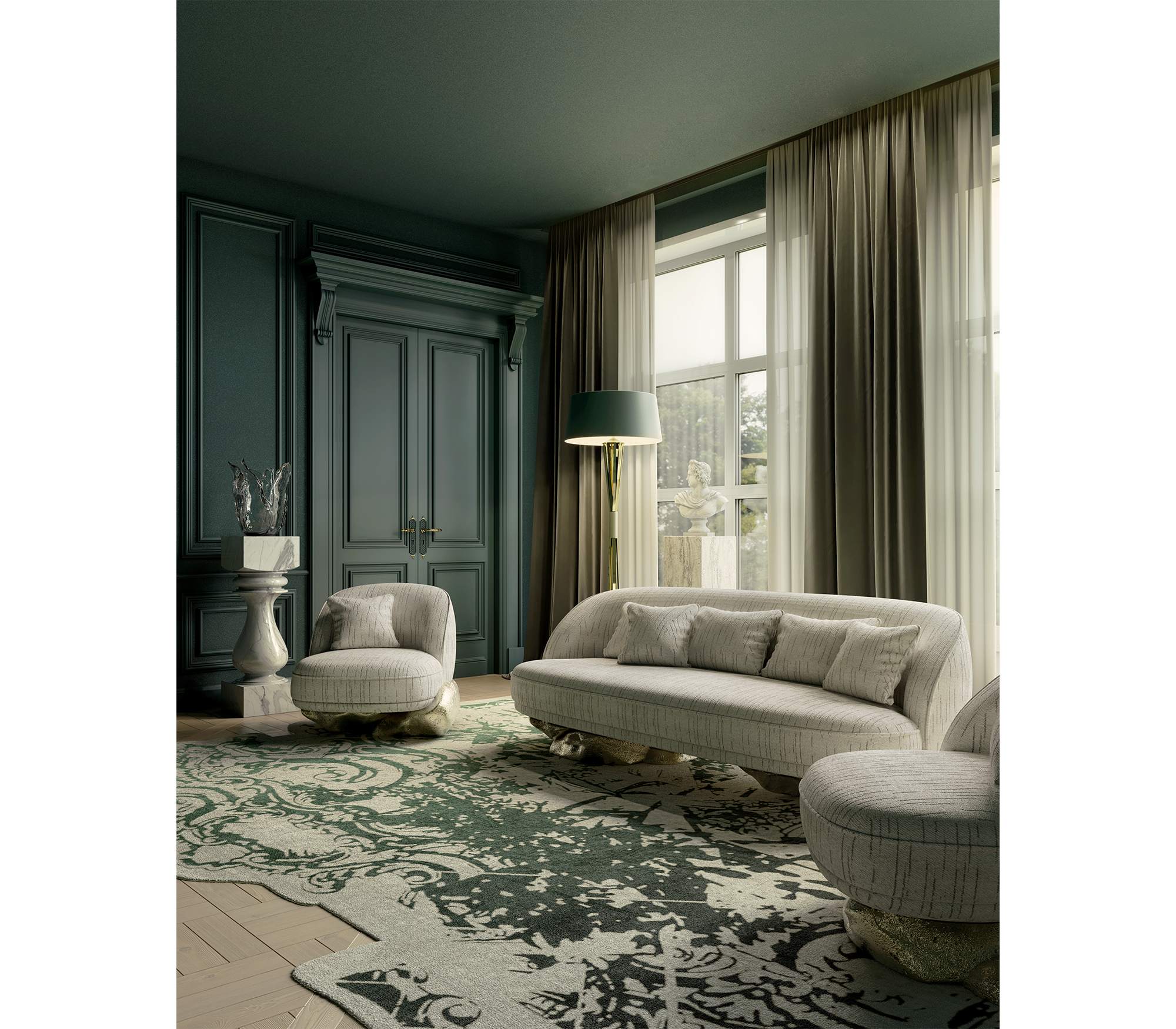 Luxury Sculptural Sofa with Polished Hammered Brass Base & Organic Curved Design