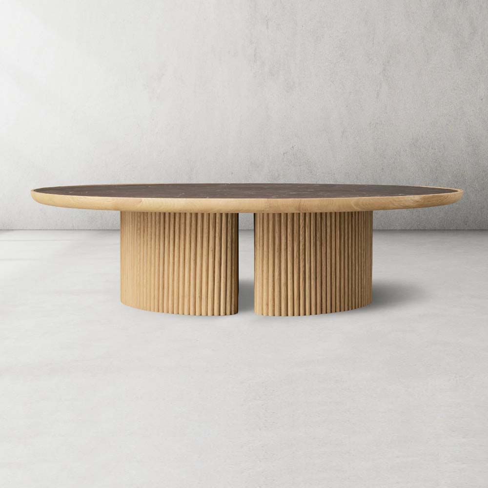 Astor Round Coffee Table Marble Top Oak Wood Base Sofa Center Tea Table