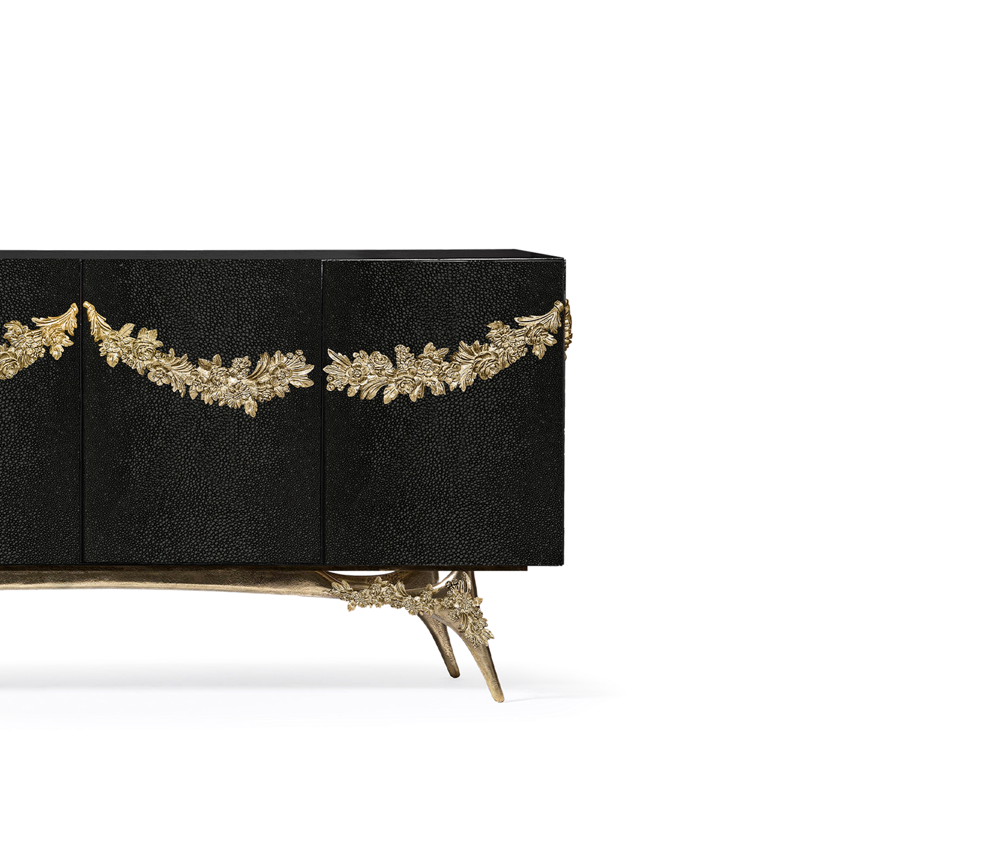Luxury Walnut Burl Sideboard Buffet Cabinet with Hand-Carved Floral Doors & Storage