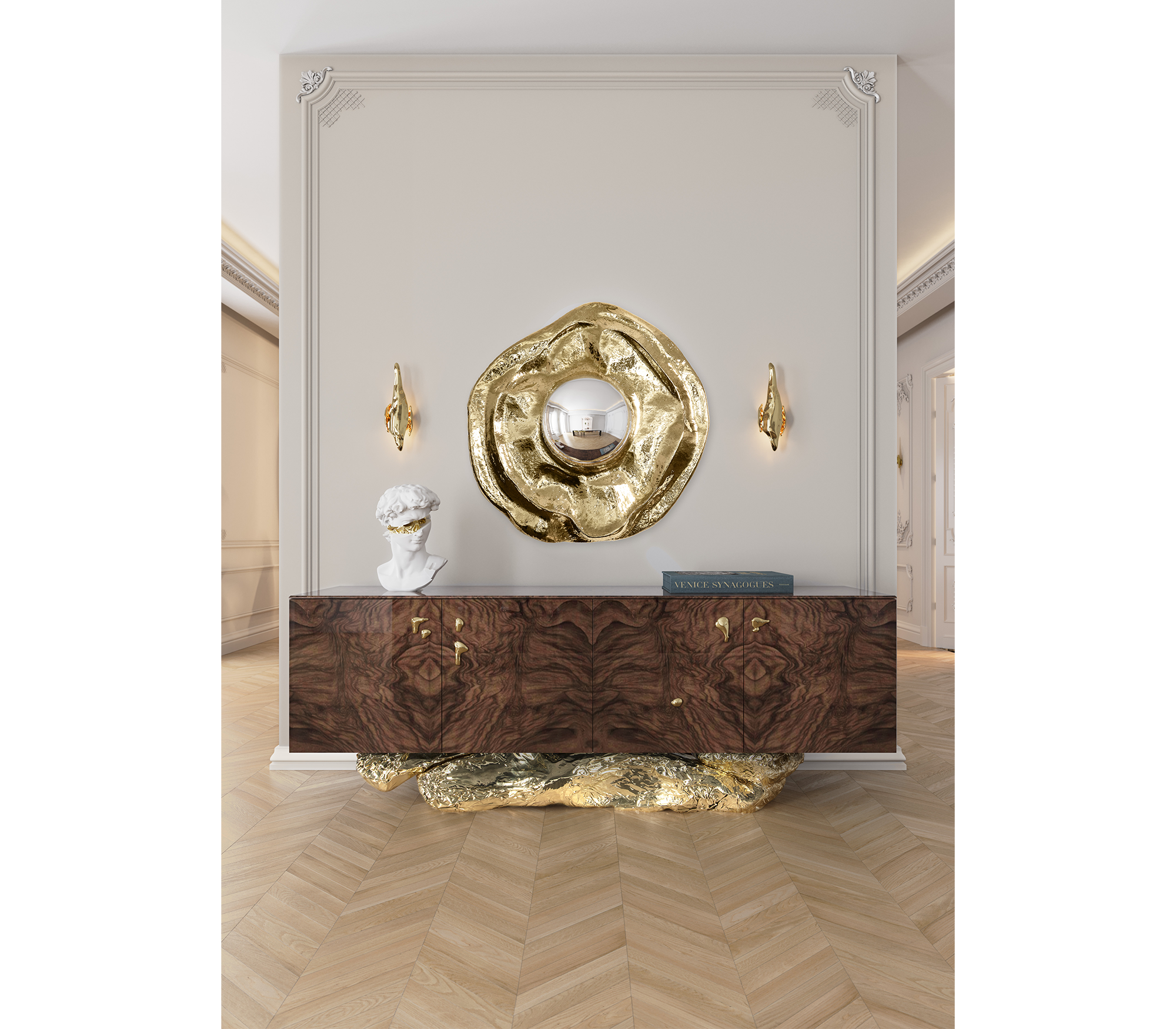 Luxury Gold Buffet Cabinet with Sculptural Metal Base & Hidden Storage