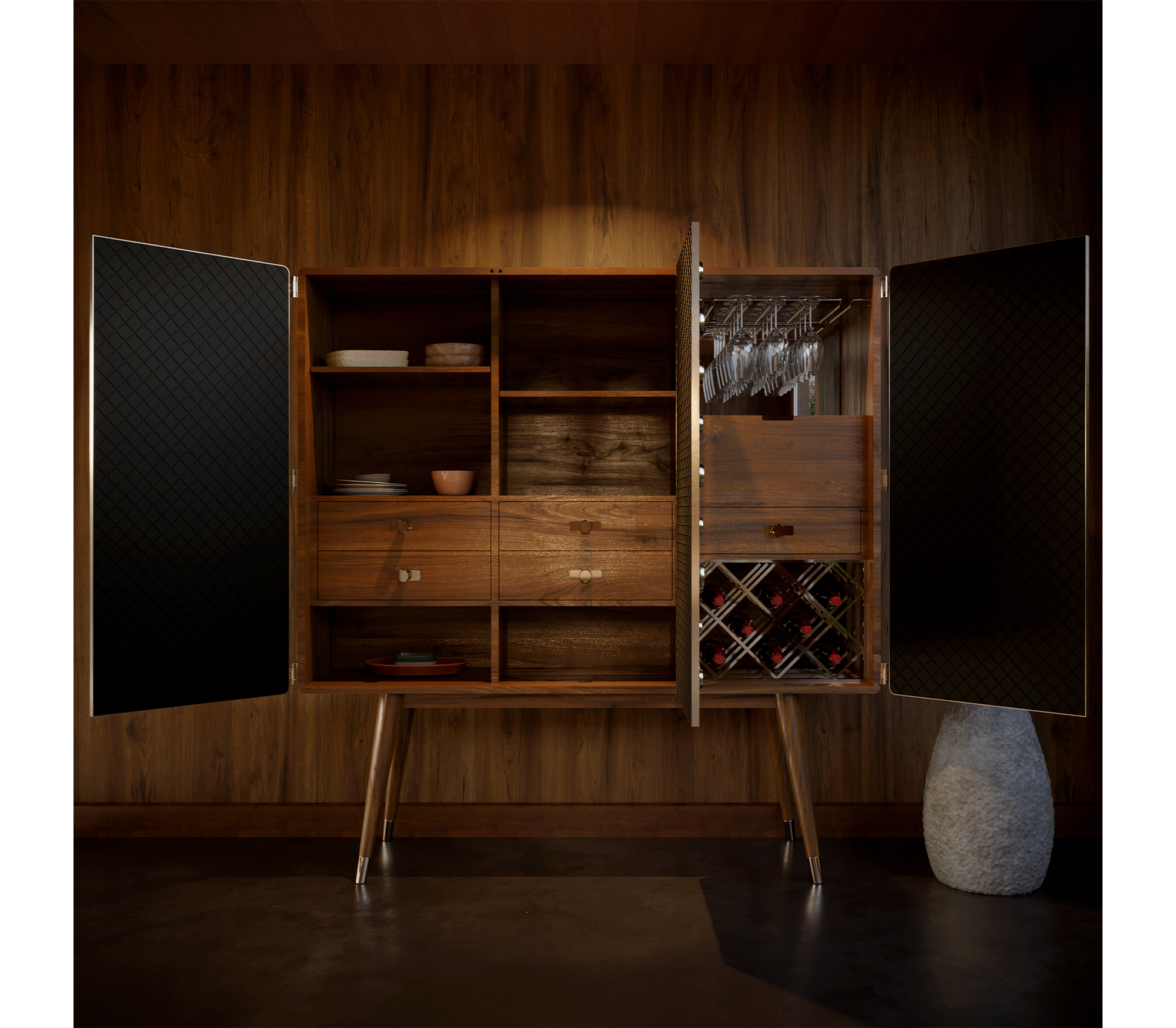Luxury Walnut Bar Cabinet with Brass Accents & Hidden Storage