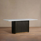 Finnley Rectangle Marble Stone Top Dining Table with Reeded Oak Wood Base