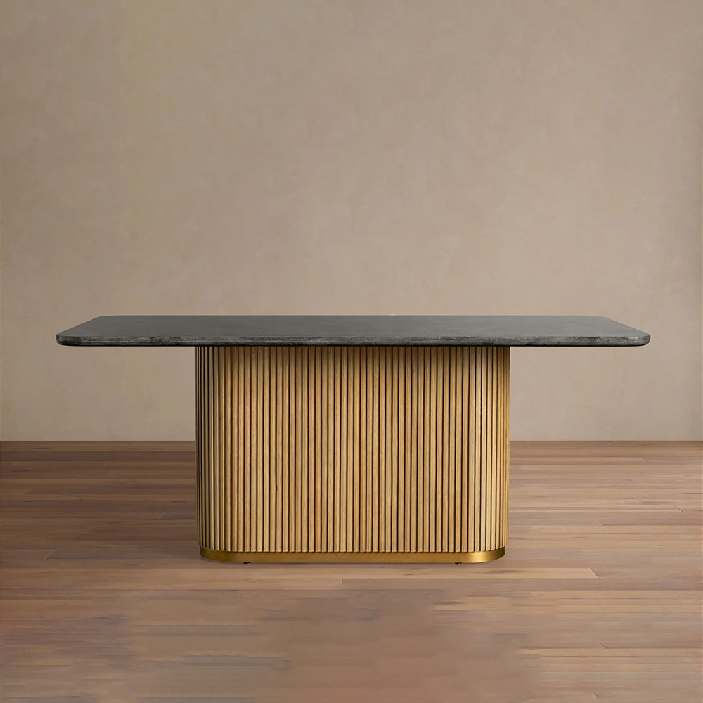 Finnley Rectangle Marble Stone Top Dining Table with Reeded Oak Wood Base