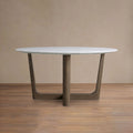 Saint Germain Round Stone Dining Table with Carrara Marble Top Wood Rennes Base