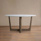 Saint Germain Round Stone Dining Table with Carrara Marble Top Wood Rennes Base