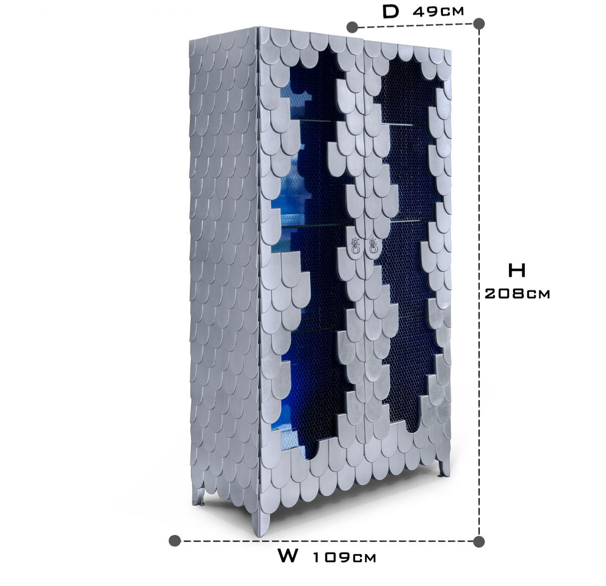 Luxury Display Cabinet with Silver Leaf Finish, Glass Shelves & Storage