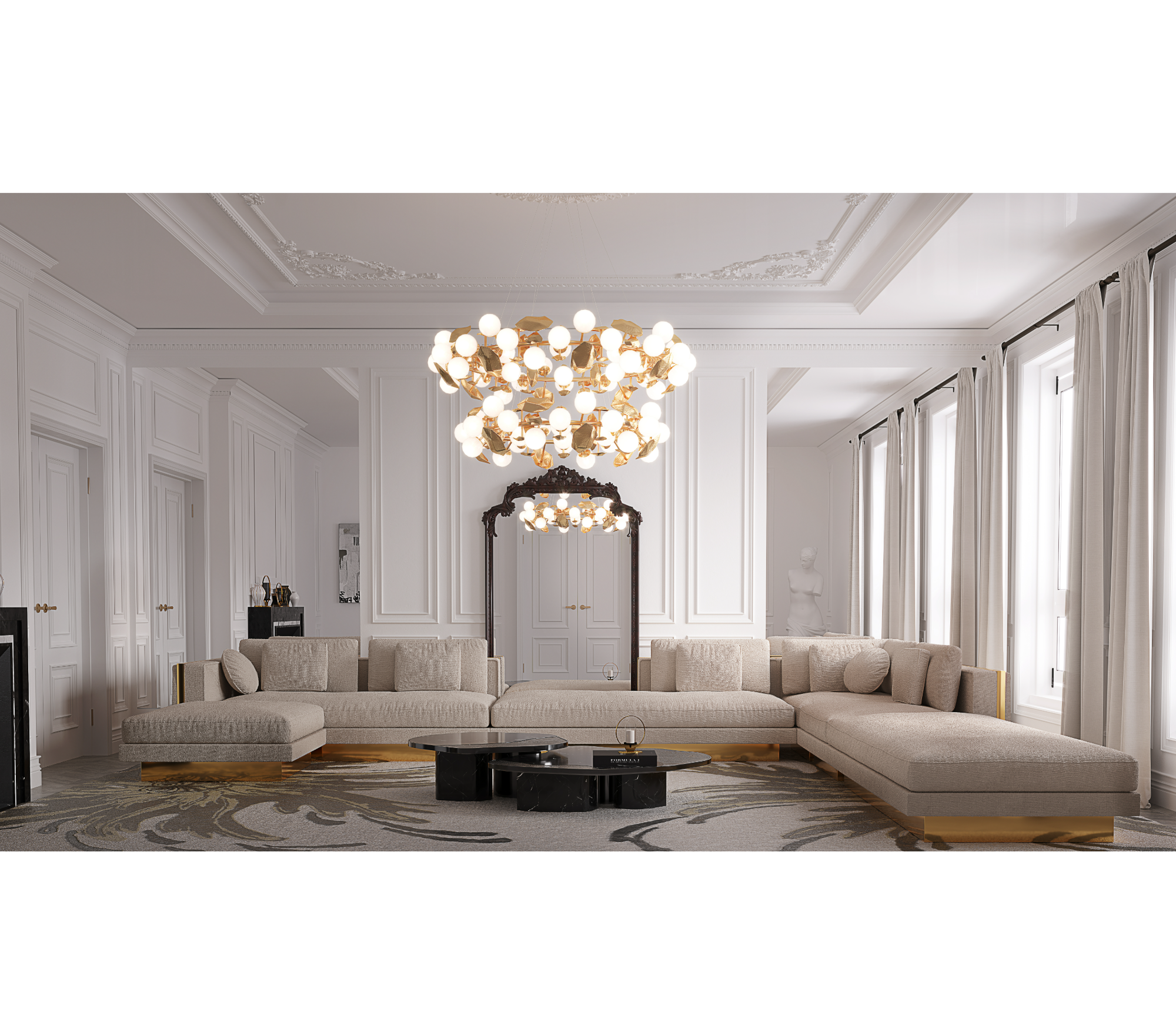 Luxury Calacatta Marble Coffee Table with Black Sculptural Base & Modern Design