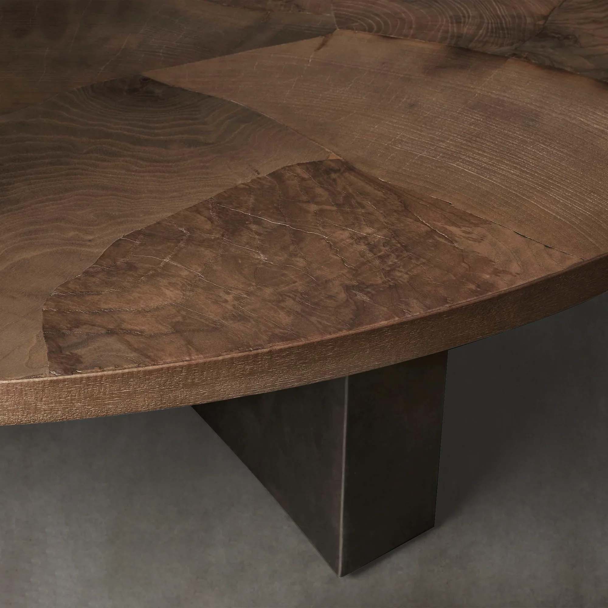 Pola Wood Round Coffee Table with Ash Wood Top Weathered Steel Base Wabi-Sabi Style Living Room Center Tea Table