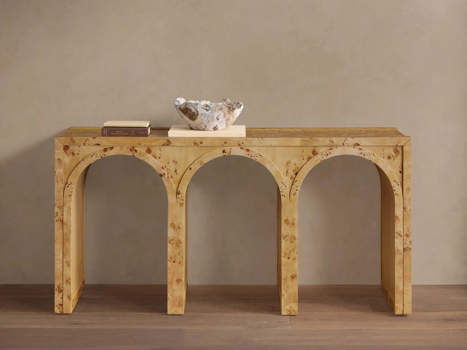 Hattie Wood Console Entryway Table with Natural Burl Veneers Arch Design Hallway Entrance Table