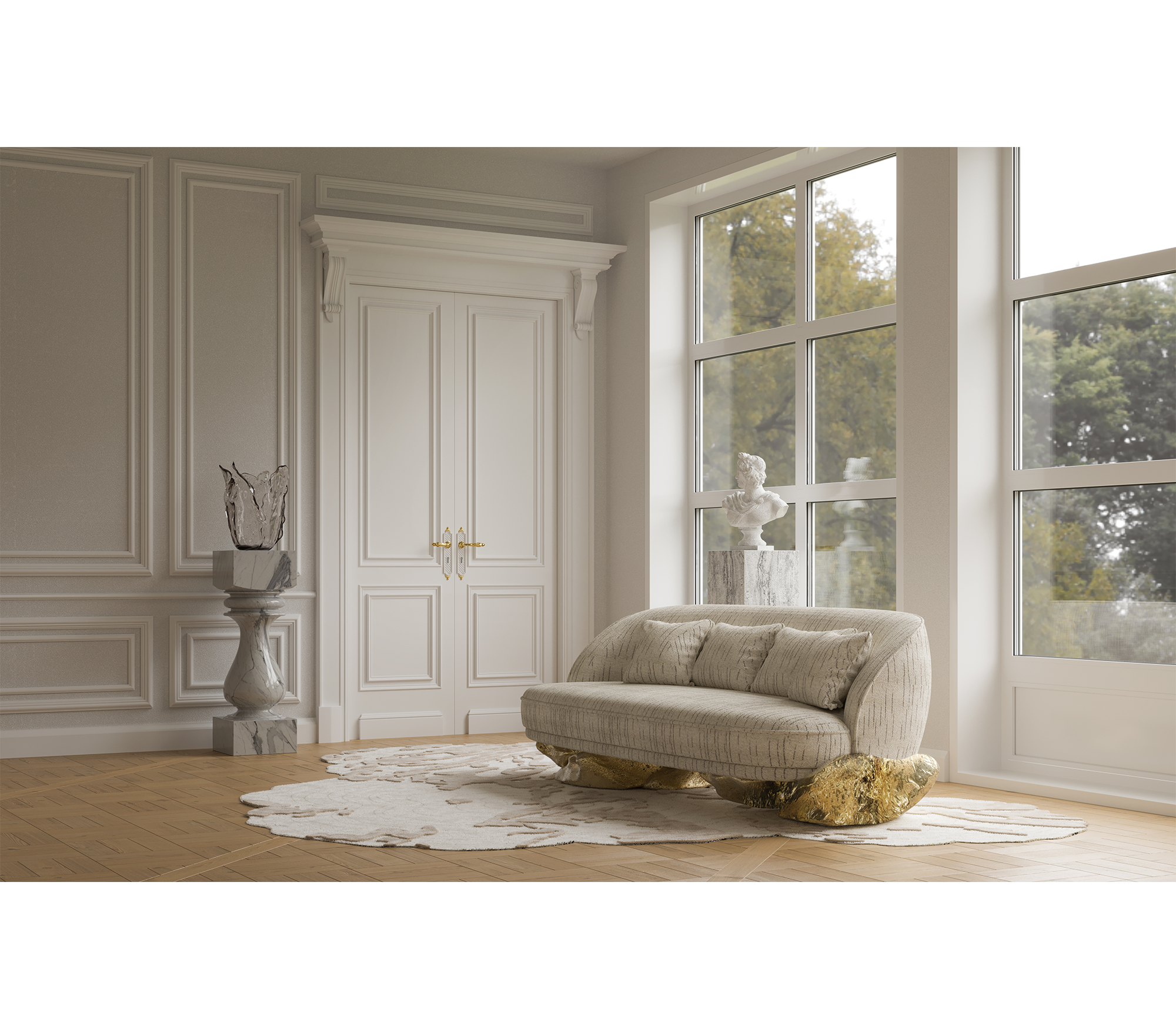 Luxury Sculptural Sofa with Polished Hammered Brass Base & Organic Curved Design