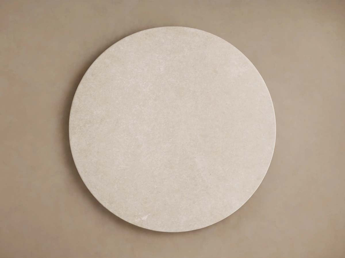 Saint Germain Round Stone Dining Table with Carrara Marble Top Wood Rennes Base