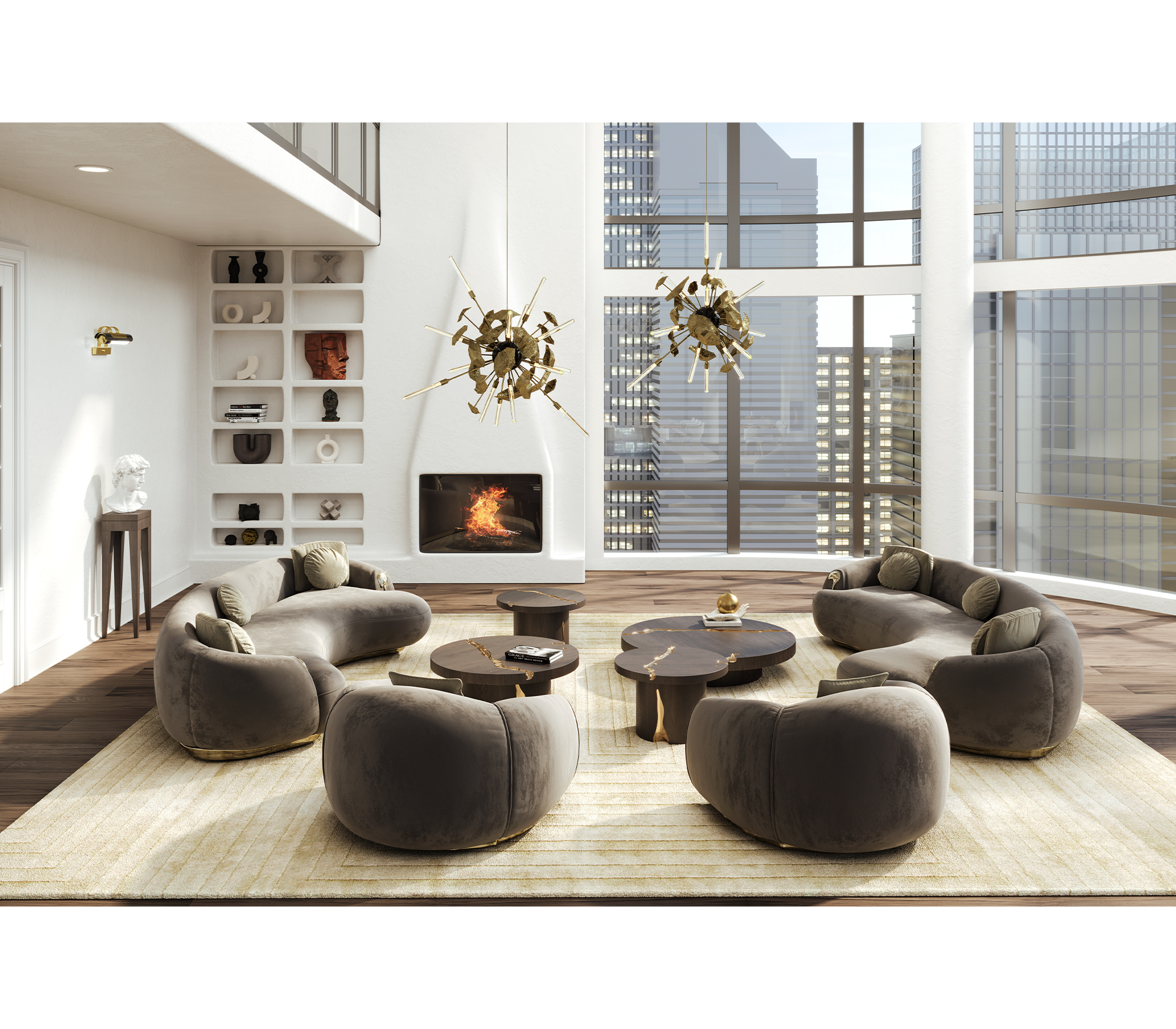 Luxury Curved Sofa with Hand-Hammered Polished Brass Base & Cream Upholstery Design