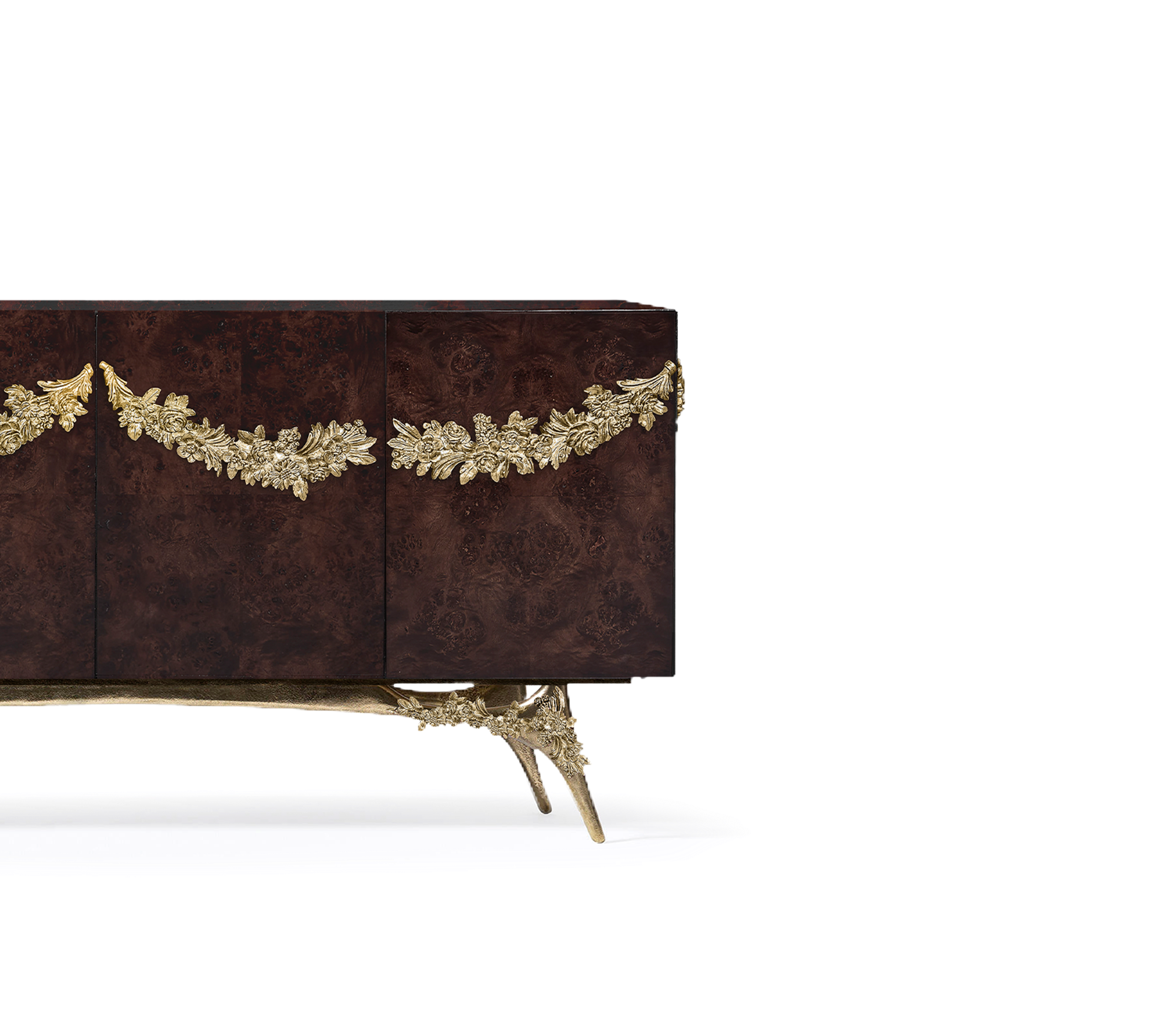 Luxury Walnut Burl Sideboard Buffet Cabinet with Hand-Carved Floral Doors & Storage