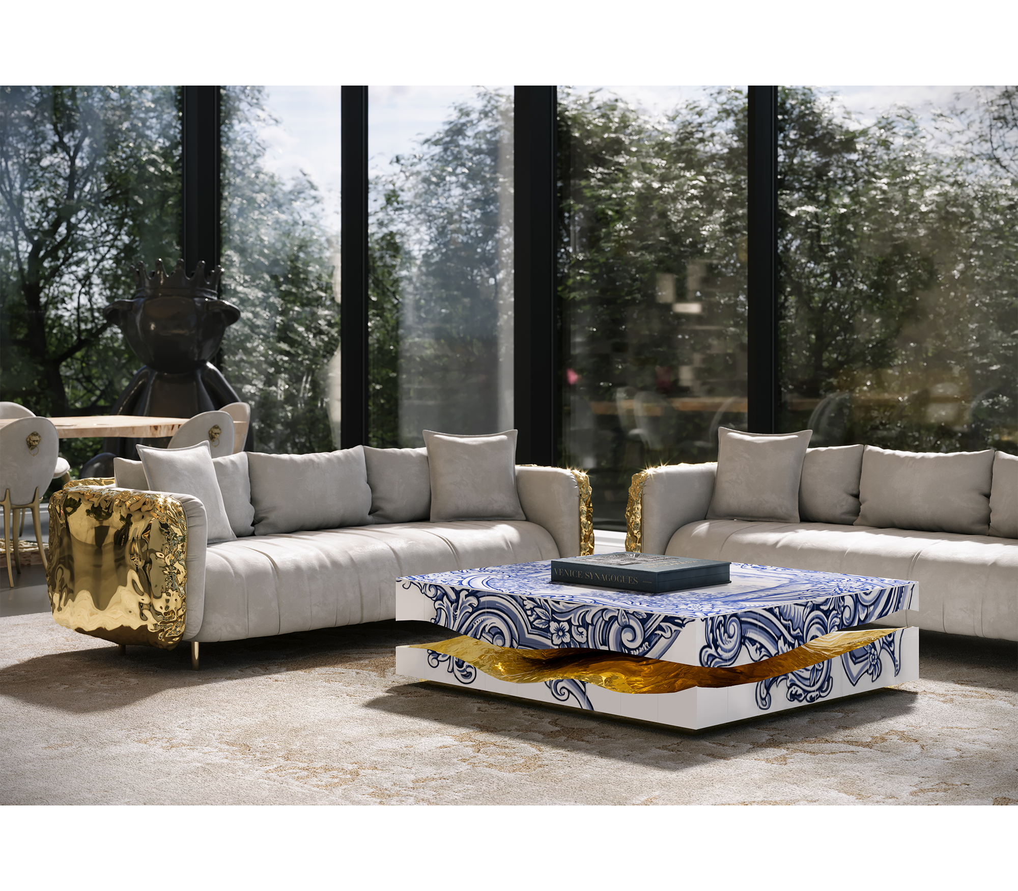 Luxury Carrara Marble Coffee Table with Sculptural Brass Frame & Organic Design