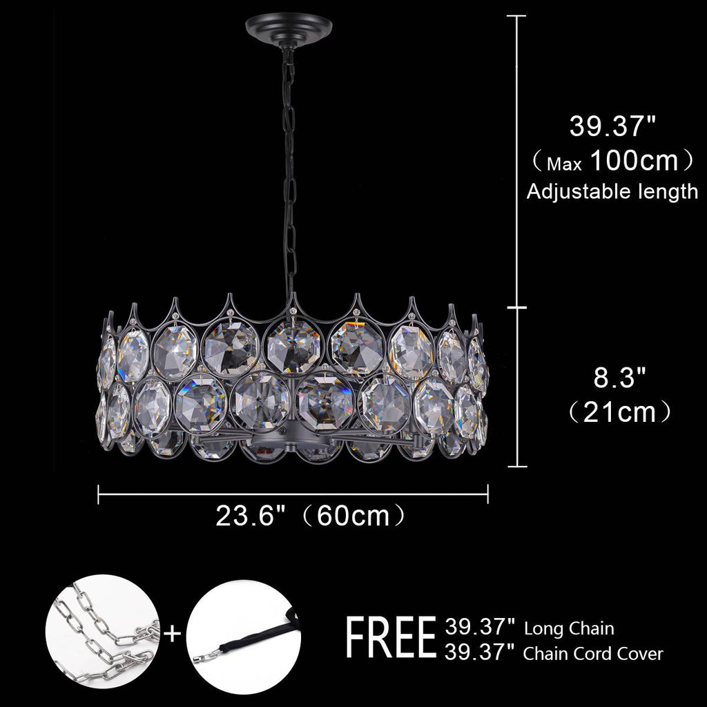 Luxury 24x24x8.3 inch Black Metal Crystal Chandelier with 39.4 inch Hanging Chain – Elegant Decorative Lighting Fixture