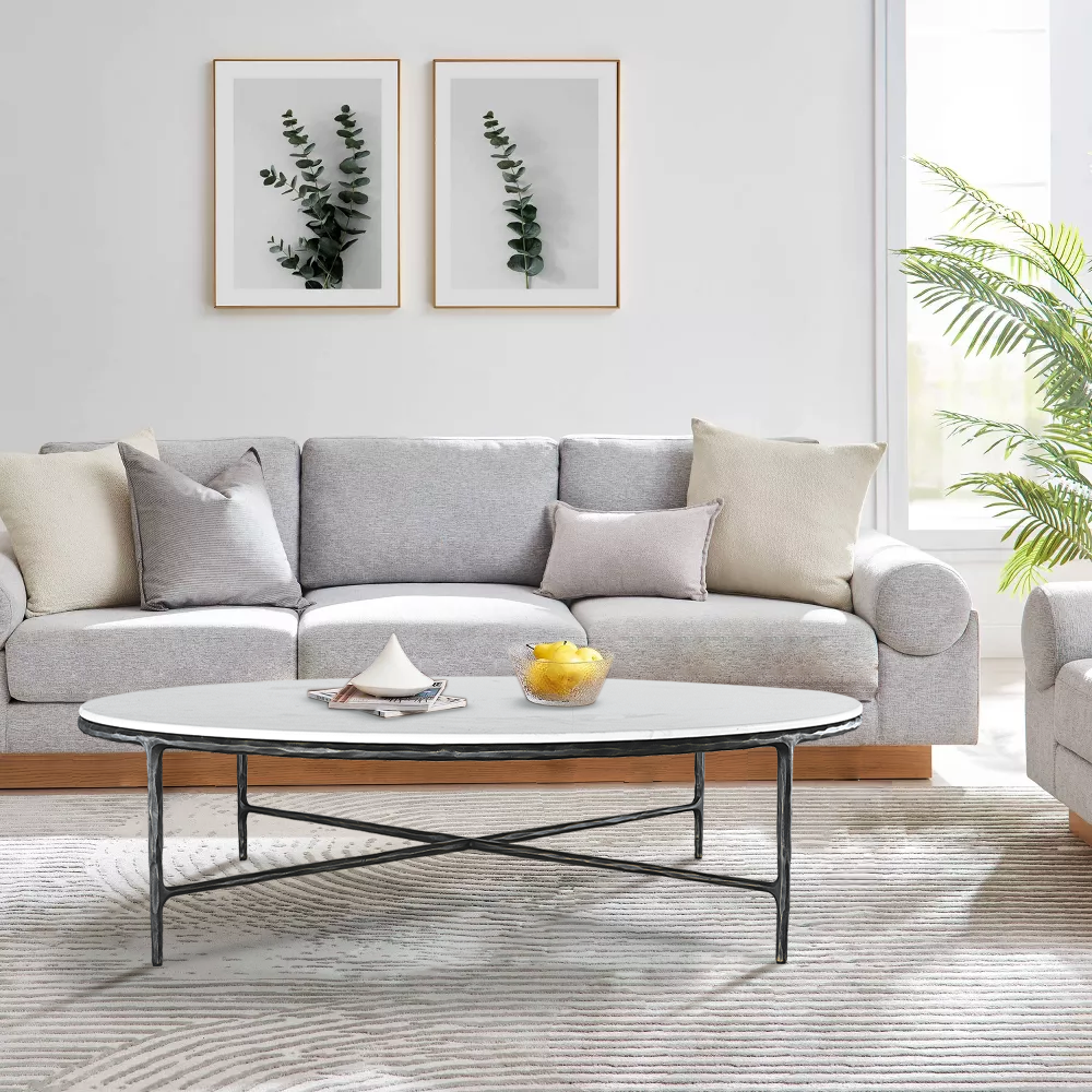 Thaddeus Metal Marble Round Coffee Table Hand-Forged Style O & X Living Sofa Center Tea Table