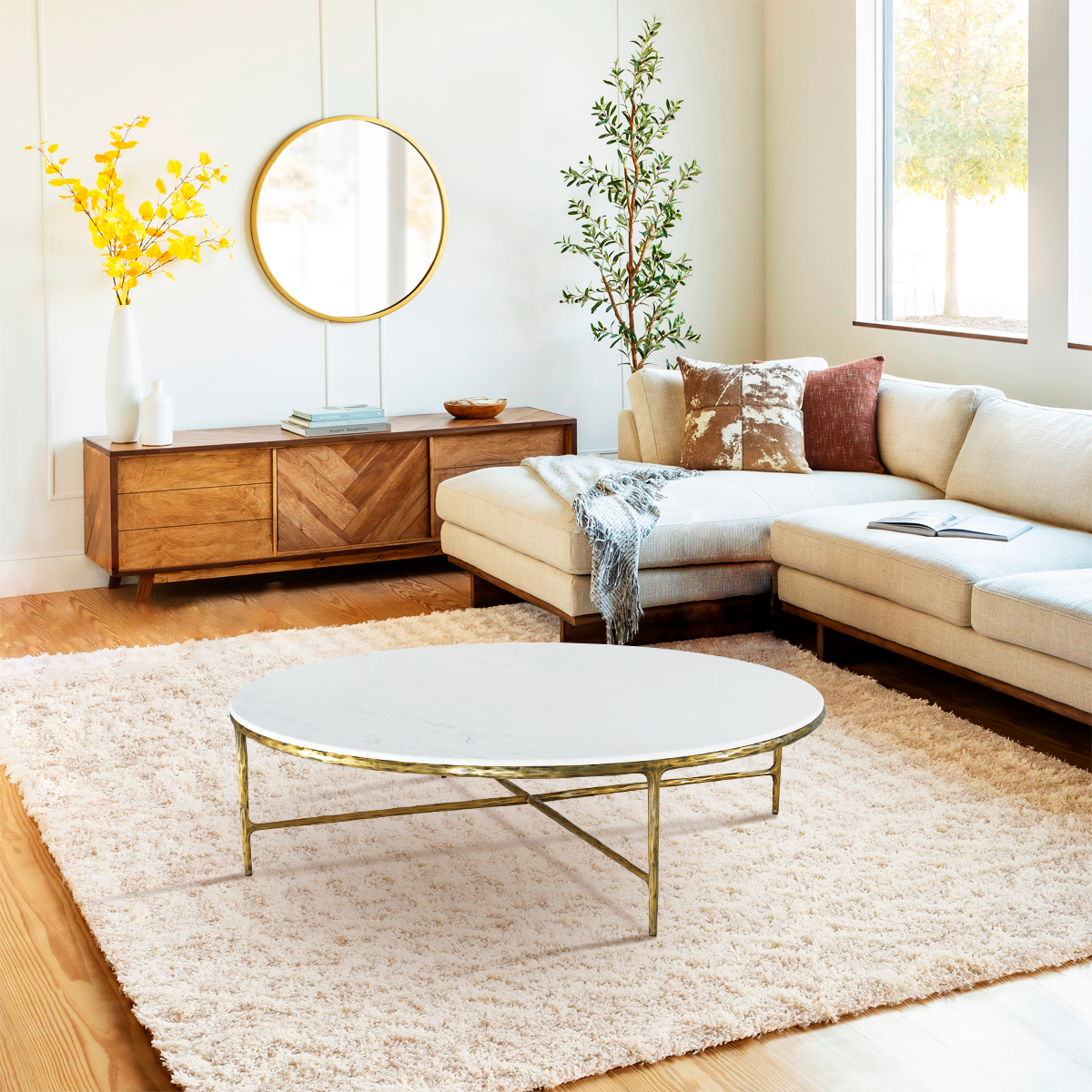 Thaddeus Metal Marble Round Coffee Table Hand-Forged Style O & X Living Sofa Center Tea Table